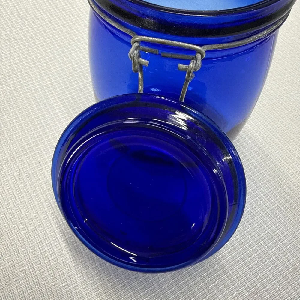 RARE! Vintage Cobalt Blue Glass Storage Jar Wire Bale Gasket Lid 5.75